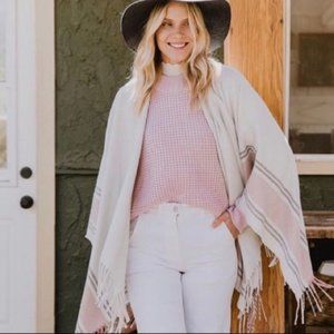 Siizu Causebox Light Grey Cream Pink Stripe Poncho Scarf Shawl Wrap OS